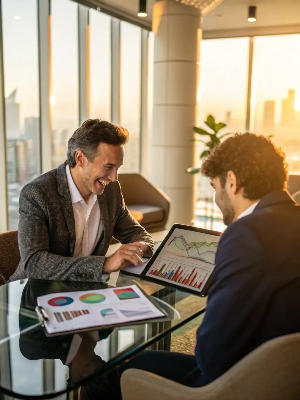 A focused image of a financial advisor presenting a detailed investment plan to a client in a modern office setting, emphasizing growth charts and UK market data.