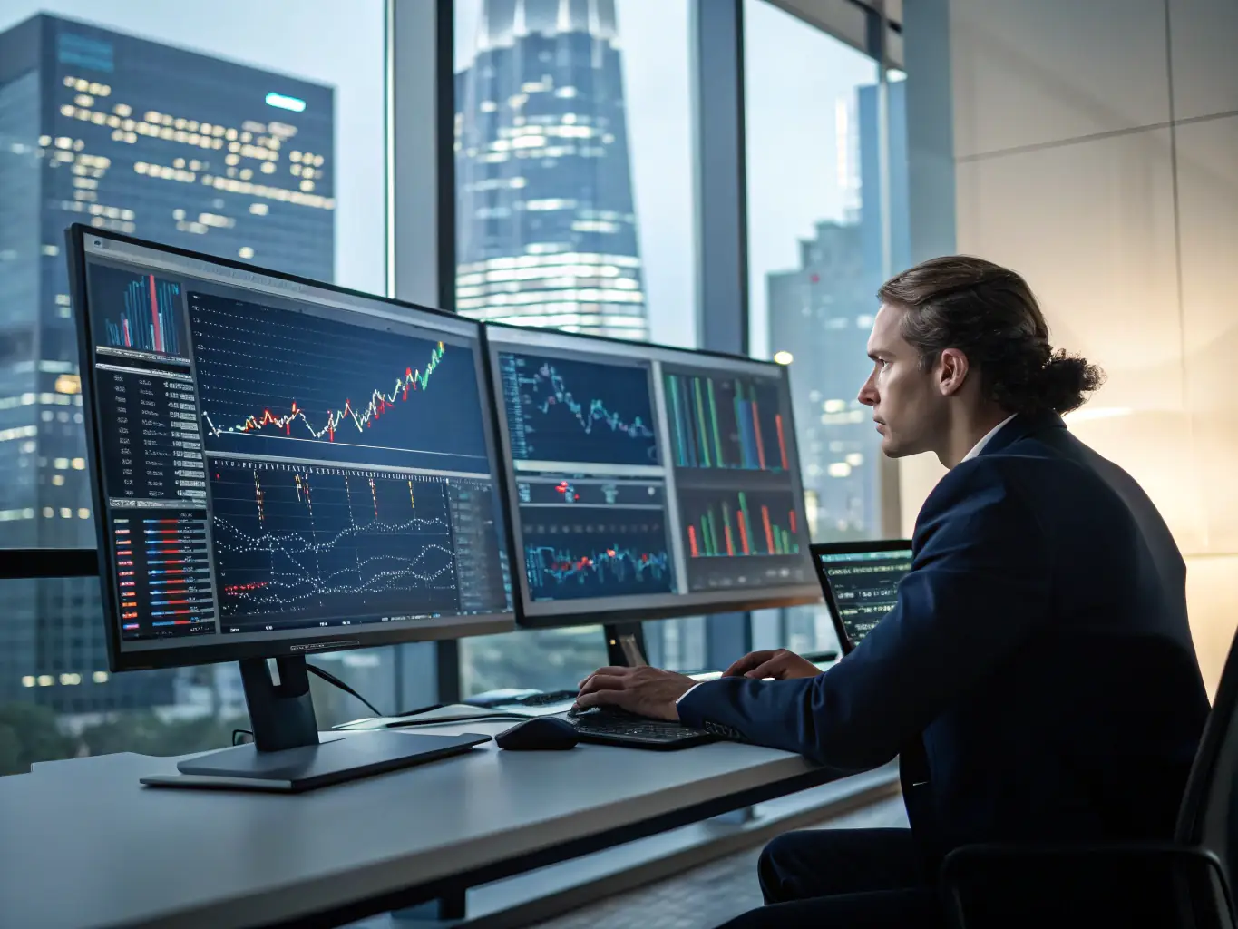 A financial analyst reviewing market data and trends on multiple monitors, highlighting the importance of informed financial decisions.