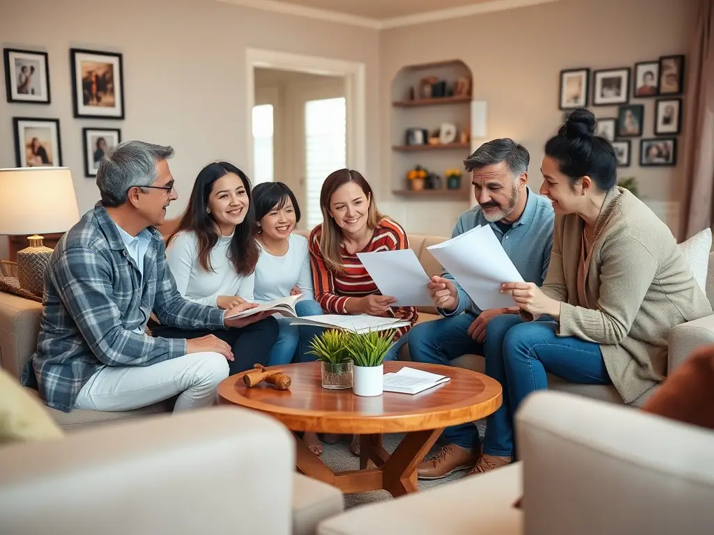 A family discussing retirement plans with a financial advisor in their home, emphasizing the importance of long-term financial security.